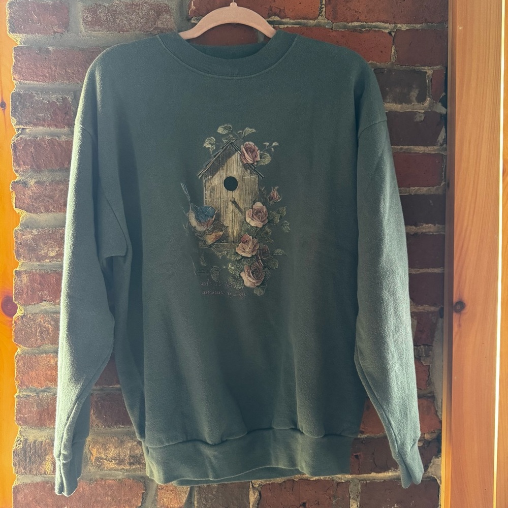 Vintage Light Teal Green Crewneck Sweater with Birdhouse Design, Fairycore